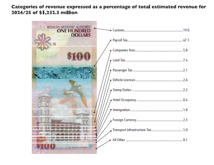 Categories of revenue expressed as a percentage of total estimated revenue for 2024/25 of $1,232.3 million